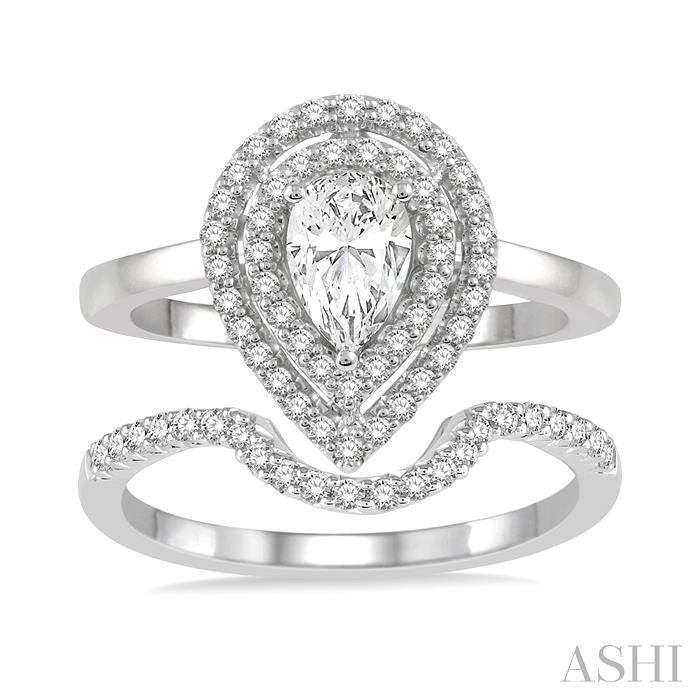 5/8 Ctw Round Cut Diamond Wedding Set With 1/2 Ct Twin Halo 1/4 Ct Pear Cut Engagement Ring & 1/8 Ct Curved Wedding Band in 14K White Gold