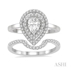 5/8 Ctw Round Cut Diamond Wedding Set With 1/2 Ct Twin Halo 1/4 Ct Pear Cut Engagement Ring & 1/8 Ct Curved Wedding Band in 14K White Gold