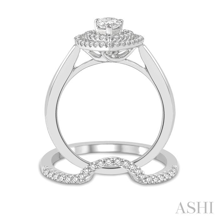 5/8 Ctw Round Cut Diamond Wedding Set With 1/2 Ct Twin Halo 1/4 Ct Pear Cut Engagement Ring & 1/8 Ct Curved Wedding Band in 14K White Gold