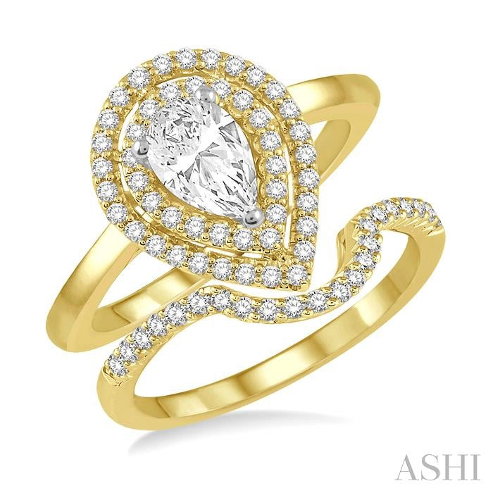 5/8 Ctw Round Cut Diamond Wedding Set With 1/2 Ct Twin Halo 1/4 Ct Pear Cut Engagement Ring & 1/8 Ct Curved Wedding Band in 14K Yellow and White Gold