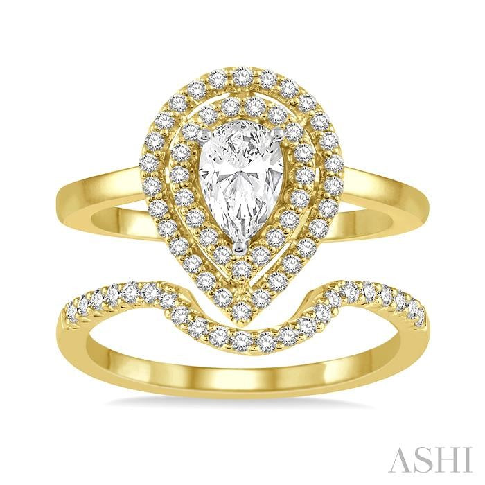 5/8 Ctw Round Cut Diamond Wedding Set With 1/2 Ct Twin Halo 1/4 Ct Pear Cut Engagement Ring & 1/8 Ct Curved Wedding Band in 14K Yellow and White Gold