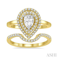 5/8 Ctw Round Cut Diamond Wedding Set With 1/2 Ct Twin Halo 1/4 Ct Pear Cut Engagement Ring & 1/8 Ct Curved Wedding Band in 14K Yellow and White Gold
