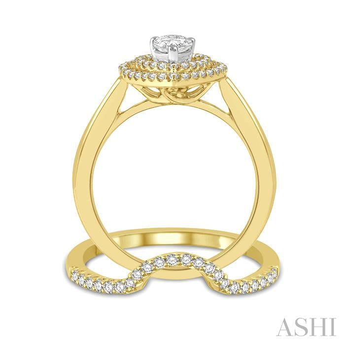 5/8 Ctw Round Cut Diamond Wedding Set With 1/2 Ct Twin Halo 1/4 Ct Pear Cut Engagement Ring & 1/8 Ct Curved Wedding Band in 14K Yellow and White Gold