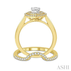 5/8 Ctw Round Cut Diamond Wedding Set With 1/2 Ct Twin Halo 1/4 Ct Pear Cut Engagement Ring & 1/8 Ct Curved Wedding Band in 14K Yellow and White Gold