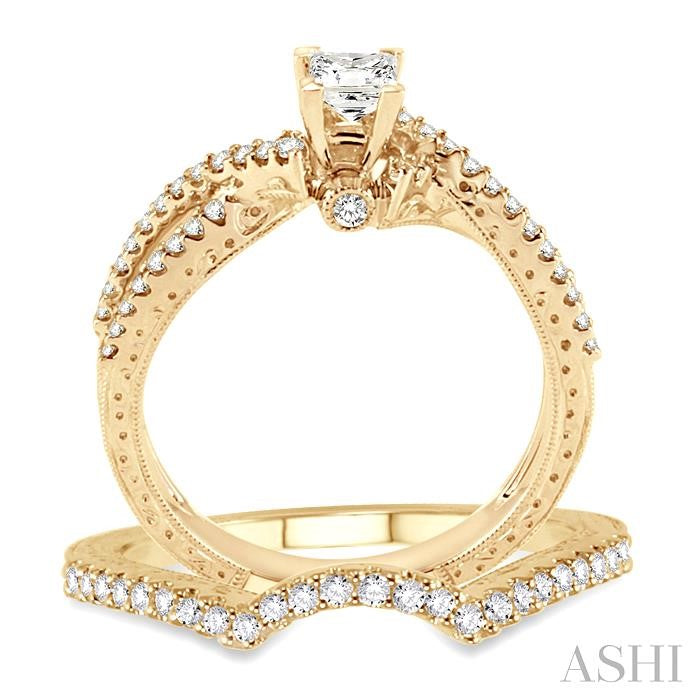 5/8 Ctw Diamond Wedding Set with 1/2 Ctw Princess Cut Engagement Ring and 1/8 Ctw Wedding Band in 14K Yellow Gold