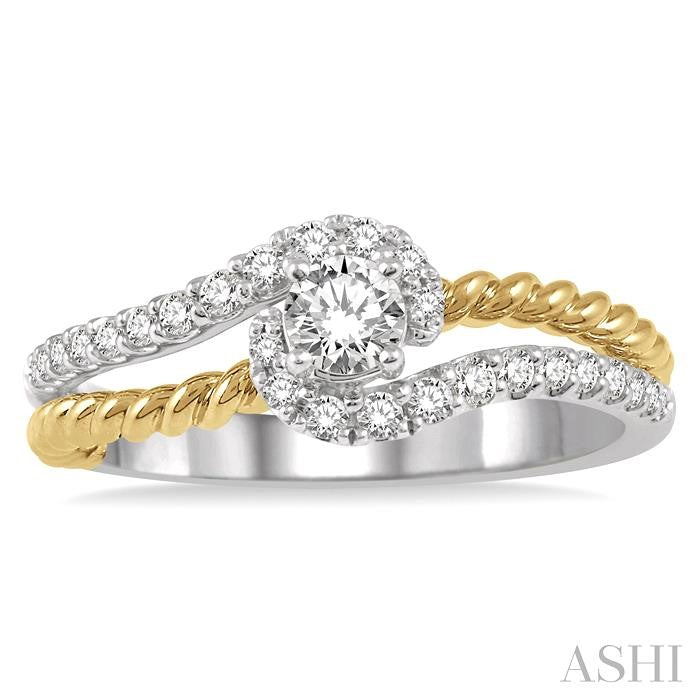 1/2 Ctw Round Center Stone Yellow Swirl Accent Split Shank Diamond Engagement Ring with 1/4 Ct Round Cut Center Stone in 14K White and Yellow Gold