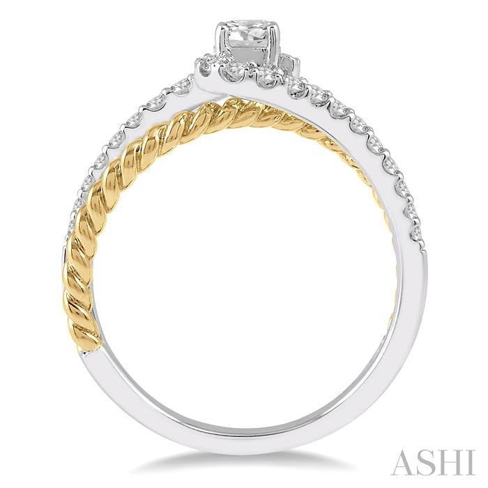 1/2 Ctw Round Center Stone Yellow Swirl Accent Split Shank Diamond Engagement Ring with 1/4 Ct Round Cut Center Stone in 14K White and Yellow Gold