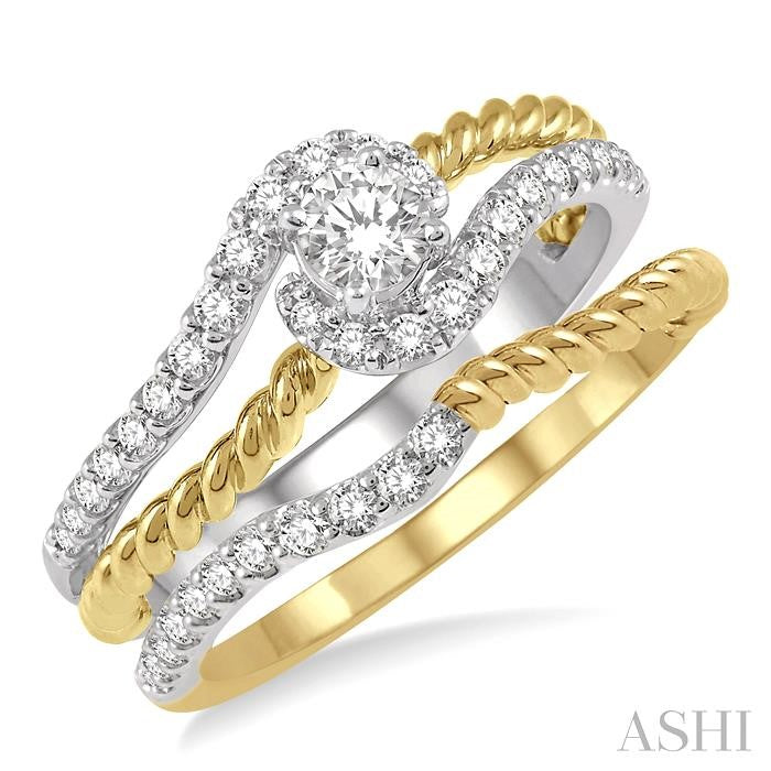 1/2 Ctw Two Tone Round Cut Diamond Wedding Set With 1/2 Ctw Engagement Ring and 1/20 Ctw Wedding Band in 14K White and Yellow Gold