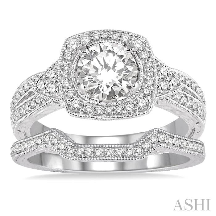 1 1/10 Ctw Diamond Bridal Set with 1 Ctw Round Cut Engagement Ring and 1/10 Ctw Wedding Band in 14K White Gold