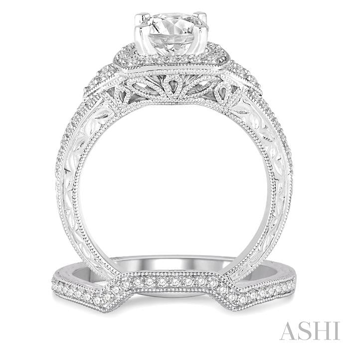 1 1/10 Ctw Diamond Bridal Set with 1 Ctw Round Cut Engagement Ring and 1/10 Ctw Wedding Band in 14K White Gold
