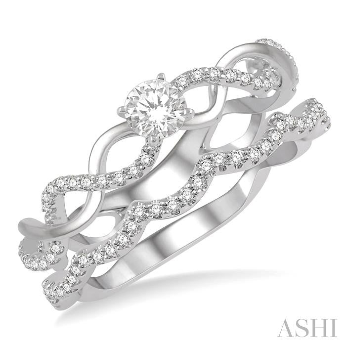 1/2 Ctw Round Cut Diamond Wedding Set With 1/3 Ctw Entwined Engagement Ring and 1/6 Ctw Wavy Wedding Band in 14K White Gold