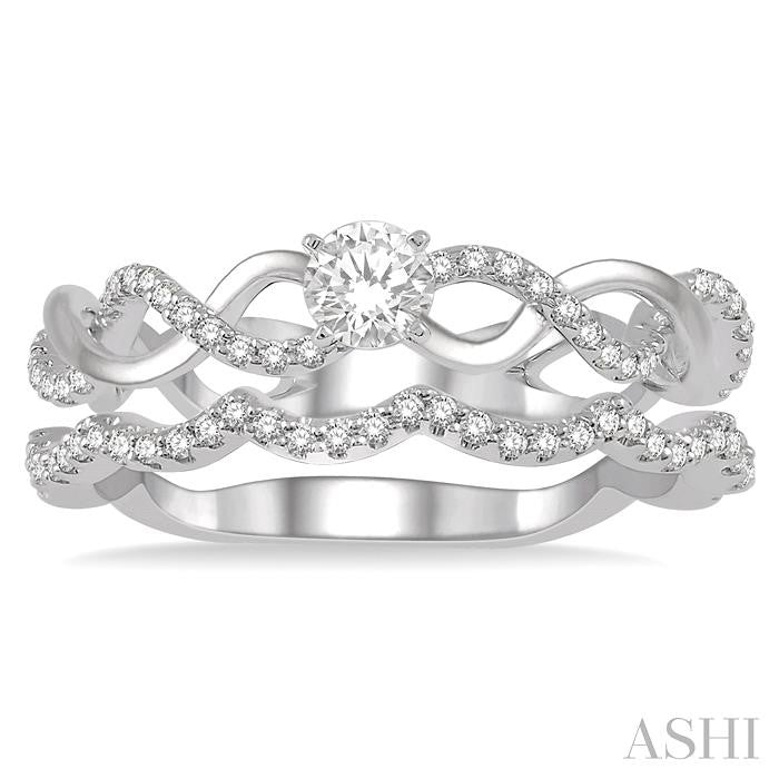 1/2 Ctw Round Cut Diamond Wedding Set With 1/3 Ctw Entwined Engagement Ring and 1/6 Ctw Wavy Wedding Band in 14K White Gold