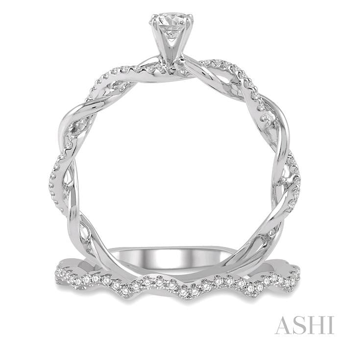 1/2 Ctw Round Cut Diamond Wedding Set With 1/3 Ctw Entwined Engagement Ring and 1/6 Ctw Wavy Wedding Band in 14K White Gold