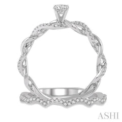 1/2 Ctw Round Cut Diamond Wedding Set With 1/3 Ctw Entwined Engagement Ring and 1/6 Ctw Wavy Wedding Band in 14K White Gold