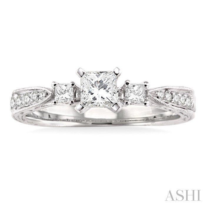 1/2 Ctw Diamond Engagement Ring with 1/3 Ct Princess Cut Center Stone in 14K White Gold