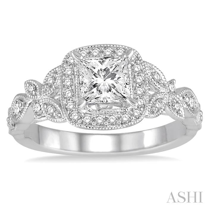 3/4 Ctw Diamond Engagement Ring with 1/2 Ct Princess Cut Center Stone in 14K White Gold