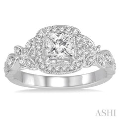 3/4 Ctw Diamond Engagement Ring with 1/2 Ct Princess Cut Center Stone in 14K White Gold