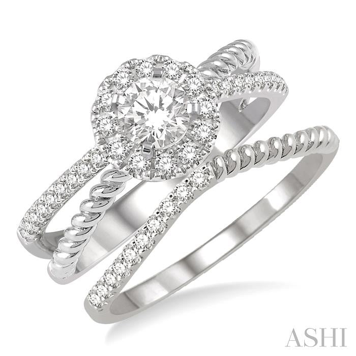 1/2 Ctw Round Cut Diamond Wedding Set With 1/2 Ctw Intersecting Shank Engagement Ring and 1/20 Ctw Wedding Band in 14K White Gold