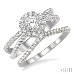 1/2 Ctw Round Cut Diamond Wedding Set With 1/2 Ctw Intersecting Shank Engagement Ring and 1/20 Ctw Wedding Band in 14K White Gold