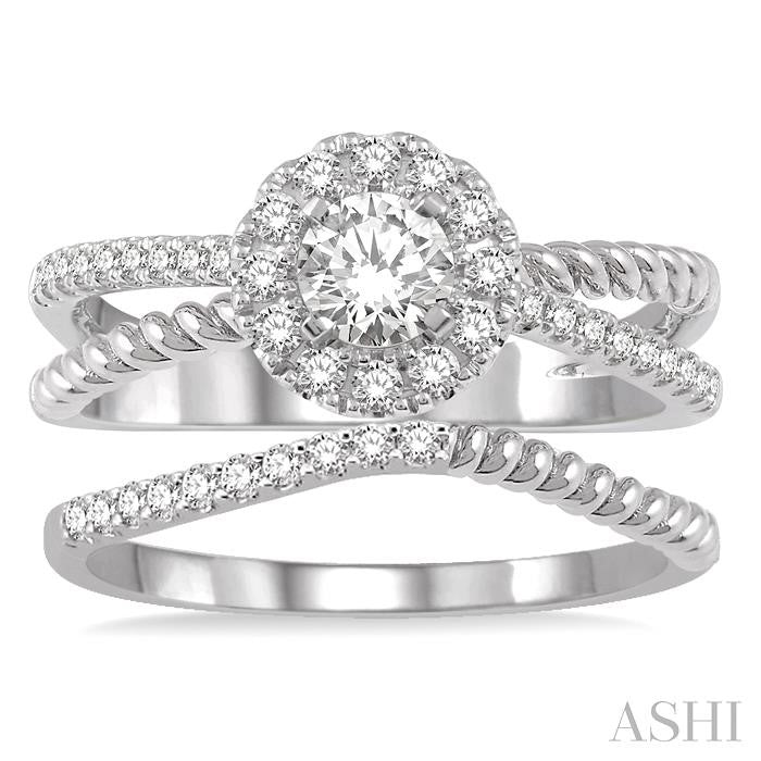 1/2 Ctw Round Cut Diamond Wedding Set With 1/2 Ctw Intersecting Shank Engagement Ring and 1/20 Ctw Wedding Band in 14K White Gold