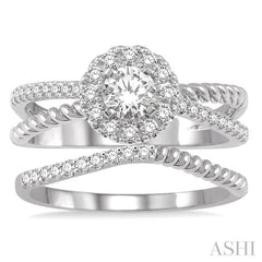 1/2 Ctw Round Cut Diamond Wedding Set With 1/2 Ctw Intersecting Shank Engagement Ring and 1/20 Ctw Wedding Band in 14K White Gold