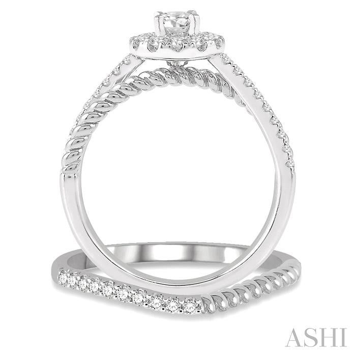 1/2 Ctw Round Cut Diamond Wedding Set With 1/2 Ctw Intersecting Shank Engagement Ring and 1/20 Ctw Wedding Band in 14K White Gold