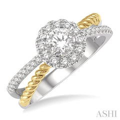 1/2 Ctw Floral Two Tone Round Cut Diamond Ladies Engagement Ring with 1/4 Ct Round Cut Center Stone in 14K White and Yellow Gold