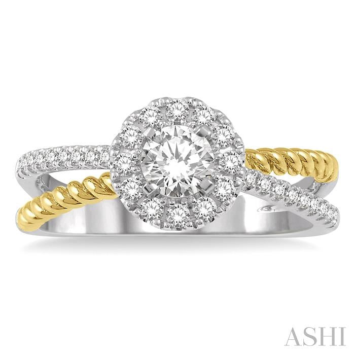 1/2 Ctw Floral Two Tone Round Cut Diamond Ladies Engagement Ring with 1/4 Ct Round Cut Center Stone in 14K White and Yellow Gold