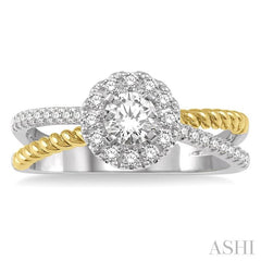 1/2 Ctw Floral Two Tone Round Cut Diamond Ladies Engagement Ring with 1/4 Ct Round Cut Center Stone in 14K White and Yellow Gold