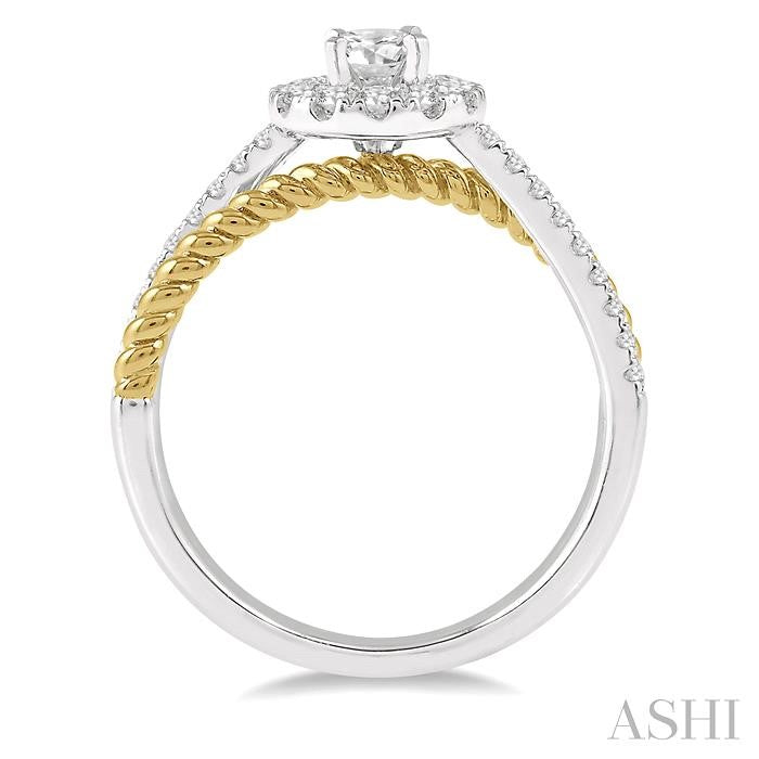 1/2 Ctw Floral Two Tone Round Cut Diamond Ladies Engagement Ring with 1/4 Ct Round Cut Center Stone in 14K White and Yellow Gold