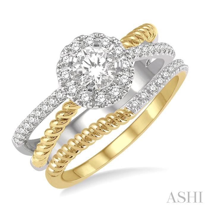 1/2 Ctw Round Cut Diamond Wedding Set With 1/2 Ctw Intersecting Shank Engagement Ring and 1/20 Ctw Wedding Band in 14K white and yellow gold