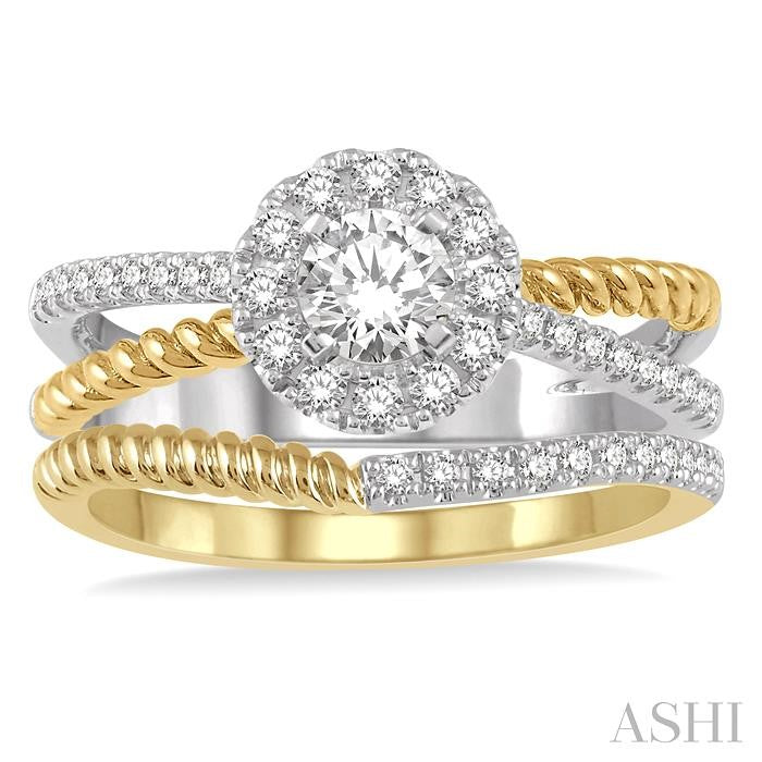 1/2 Ctw Round Cut Diamond Wedding Set With 1/2 Ctw Intersecting Shank Engagement Ring and 1/20 Ctw Wedding Band in 14K white and yellow gold