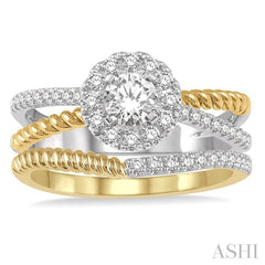 1/2 Ctw Round Cut Diamond Wedding Set With 1/2 Ctw Intersecting Shank Engagement Ring and 1/20 Ctw Wedding Band in 14K white and yellow gold