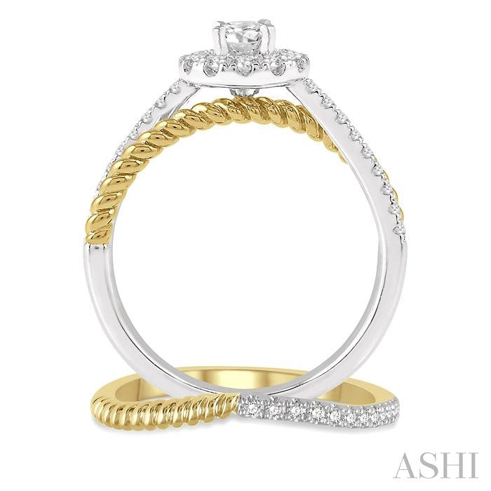 1/2 Ctw Round Cut Diamond Wedding Set With 1/2 Ctw Intersecting Shank Engagement Ring and 1/20 Ctw Wedding Band in 14K white and yellow gold