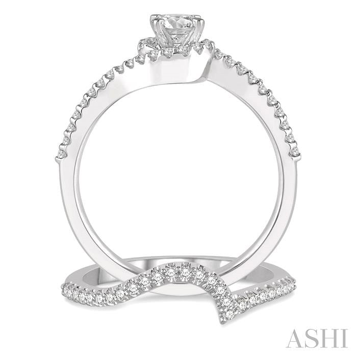 5/8 Ctw Diamond Wedding Set With 1/2 Ctw Embraced Round Shape Engagement Ring and 1/6 Ctw Crescent Shape Wedding Band in 14K White Gold