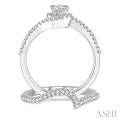 5/8 Ctw Diamond Wedding Set With 1/2 Ctw Embraced Round Shape Engagement Ring and 1/6 Ctw Crescent Shape Wedding Band in 14K White Gold
