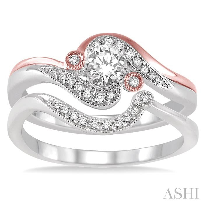 1/3 Ctw Diamond Wedding Set with 1/4 Ctw Round Cut Engagement Ring and 1/20 Ctw Wedding Band in 14K White and Rose Gold