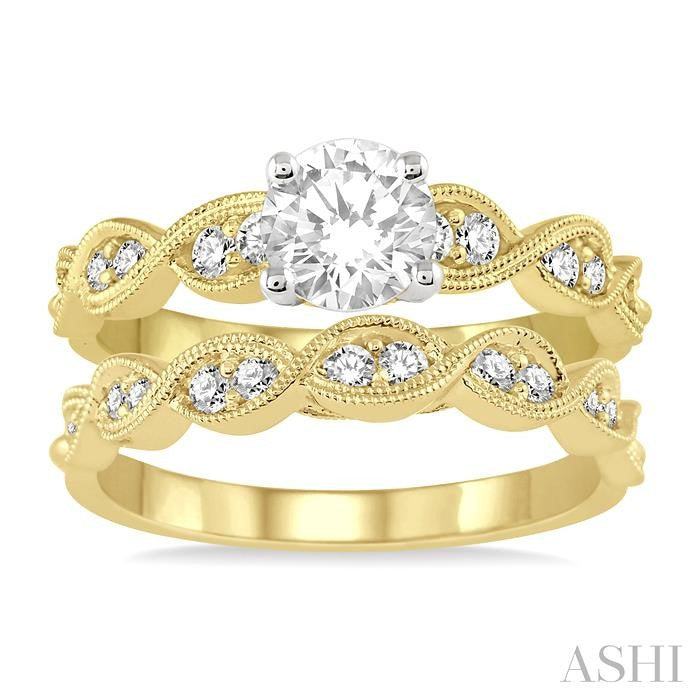 7/8 Ctw Diamond Wedding Set with 3/4 Ctw Round Cut Engagement Ring and 1/5 Ctw Wedding Band in 14K Yellow and White Gold