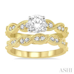 7/8 Ctw Diamond Wedding Set with 3/4 Ctw Round Cut Engagement Ring and 1/5 Ctw Wedding Band in 14K Yellow and White Gold