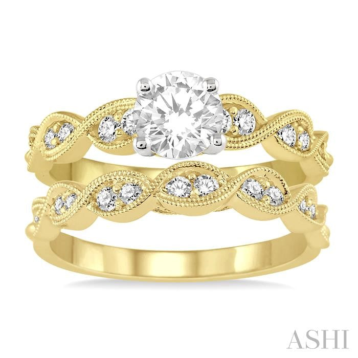 7/8 Ctw Diamond Wedding Set with 3/4 Ctw Round Cut Engagement Ring and 1/5 Ctw Wedding Band in 14K Yellow and White Gold