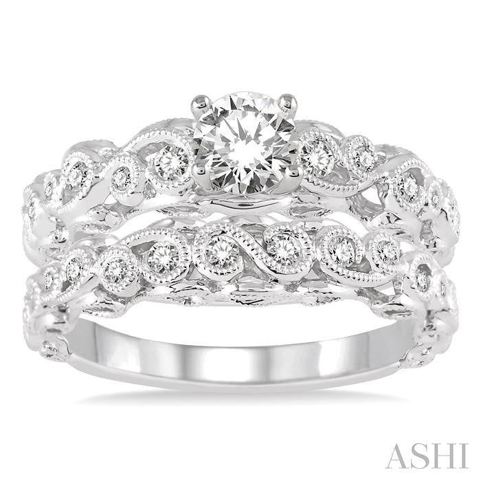 3/4 Ctw Diamond Wedding Set with 5/8 Ctw Round Cut Engagement Ring and 1/6 Ctw Wedding Band in 14K White Gold