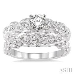 3/4 Ctw Diamond Wedding Set with 5/8 Ctw Round Cut Engagement Ring and 1/6 Ctw Wedding Band in 14K White Gold