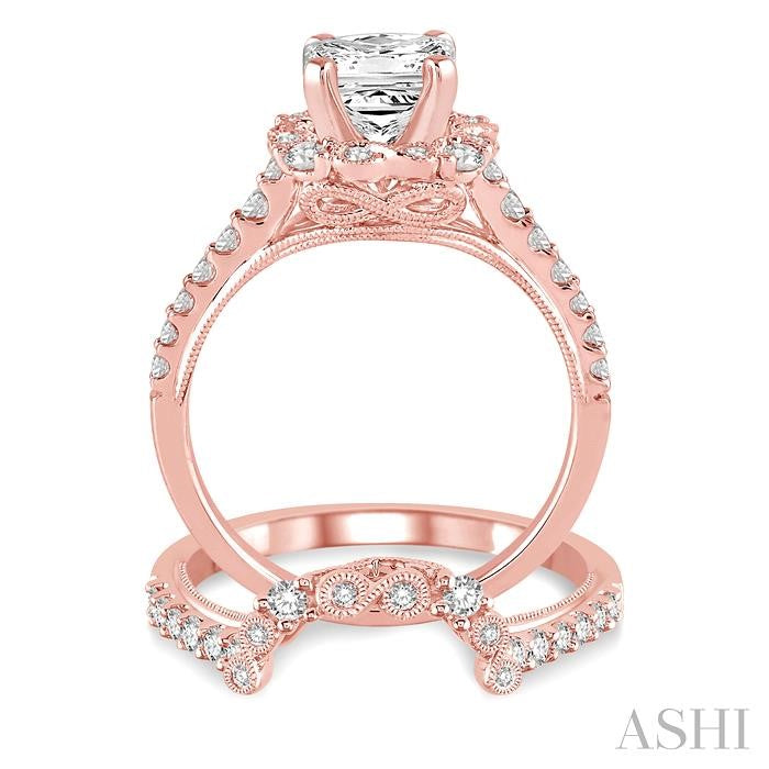 1 1/10 Ctw Diamond Wedding Set with 7/8 Ctw Princess Cut Engagement Ring and 1/4 Ctw Wedding Band in 14K Rose Gold