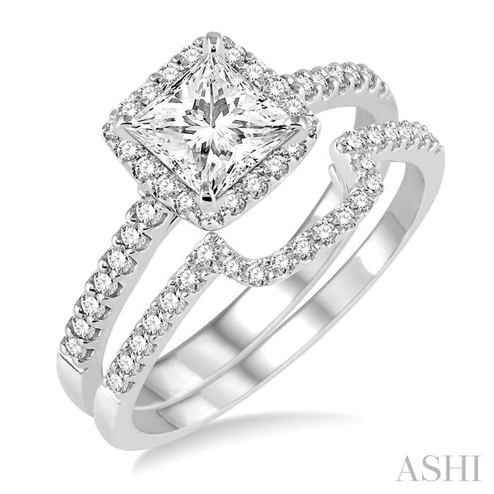 1 1/10 Ctw Diamond Wedding Set with 7/8 Ctw Princess Cut Engagement Ring and 1/5 Ctw Wedding Band in 14K White Gold