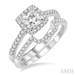 1 1/10 Ctw Diamond Wedding Set with 7/8 Ctw Princess Cut Engagement Ring and 1/5 Ctw Wedding Band in 14K White Gold