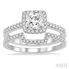 1 1/10 Ctw Diamond Wedding Set with 7/8 Ctw Princess Cut Engagement Ring and 1/5 Ctw Wedding Band in 14K White Gold