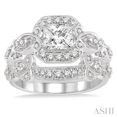 7/8 Ctw Diamond Wedding Set with 3/4 Ctw Princess Cut Engagement Ring and 1/6 Ctw Wedding Band in 14K White Gold