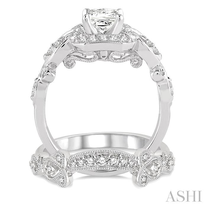 7/8 Ctw Diamond Wedding Set with 3/4 Ctw Princess Cut Engagement Ring and 1/6 Ctw Wedding Band in 14K White Gold