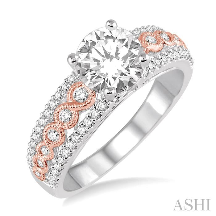 7/8 Ctw Diamond Engagement Ring with 1/2 Ct Round Cut Center Stone in 14K White and Rose Gold