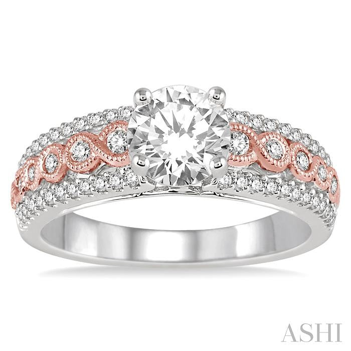 7/8 Ctw Diamond Engagement Ring with 1/2 Ct Round Cut Center Stone in 14K White and Rose Gold